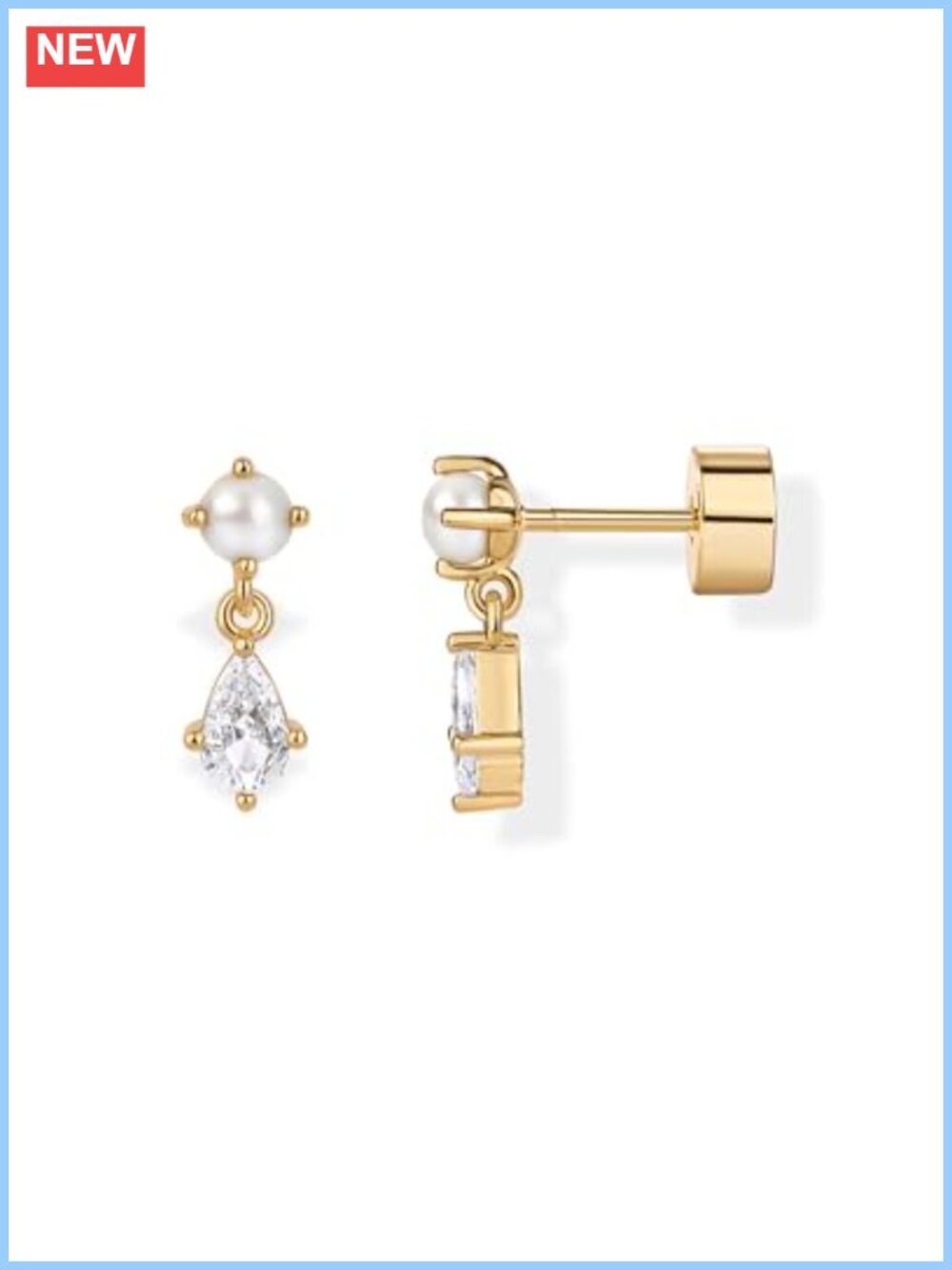 CZ & Pearl Drop Dangle Earrings 14K Gold Plated 925 Silver